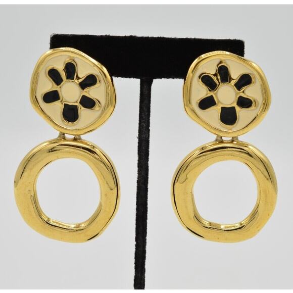 Givenchy Vintage Clip On Earrings Gold Chunky Enamel Door Knocker Signed 80s 9C - Picture 1 of 12